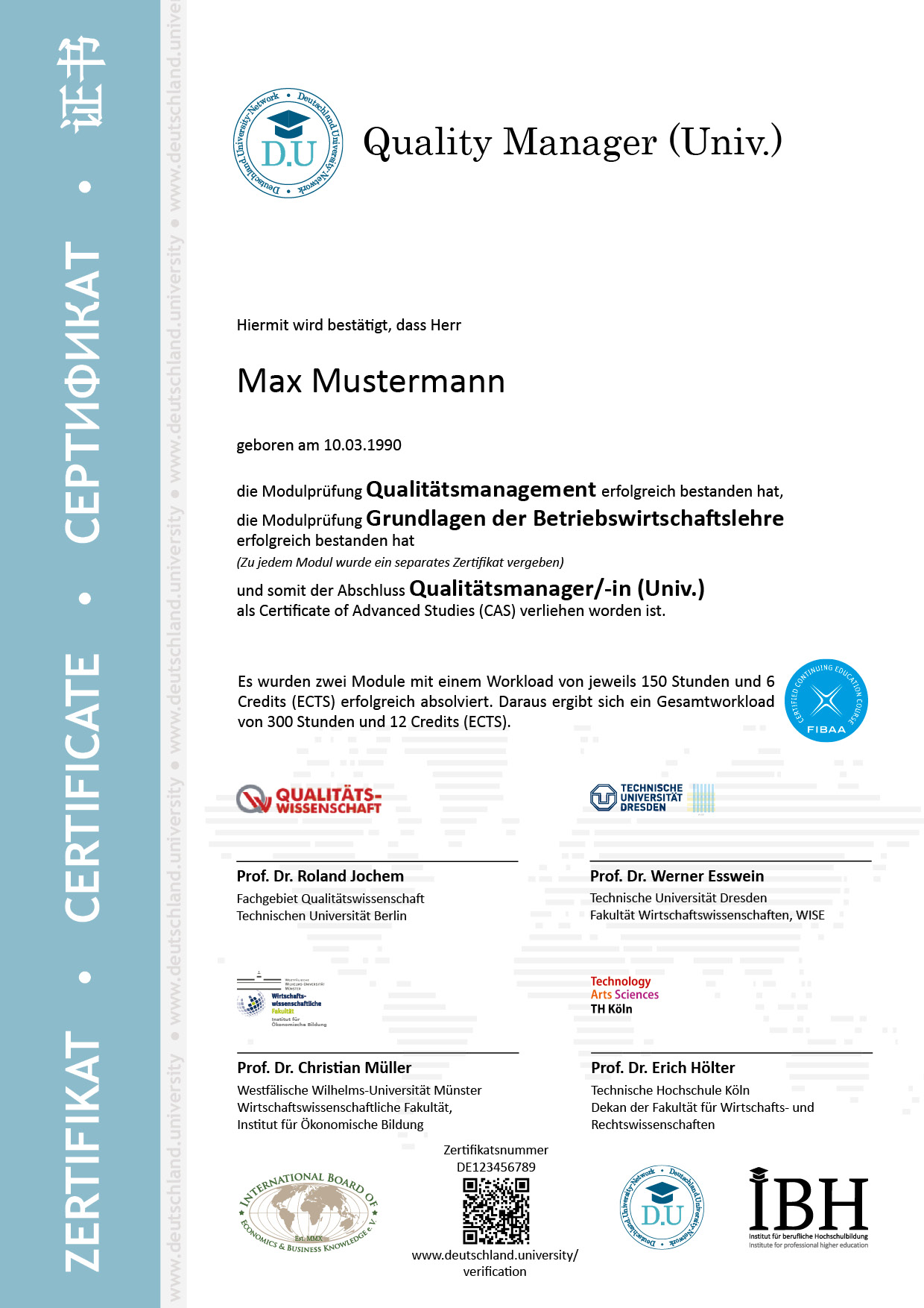 Musterzertifikat Qualitätsmanager/-in (Univ.)